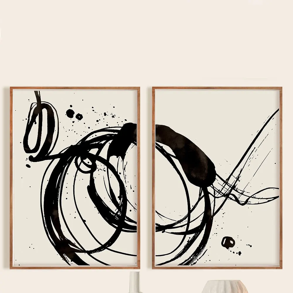 

Modern Abstract Style Set of 2 Prints Wall Paintings Beige Line Art Prints Home Decor for Minimal Living Room Interior Posters