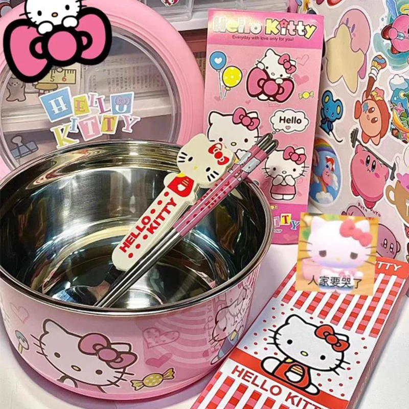 Tazón de Ramen de Acero Inoxidable con Diseño de Gato de Dibujos Animados, Tazón Grande para Fideos Instantáneos, Ensalada de Frutas, Sopa de Arroz, Utensilios de Cocina, Regalo Lindo para Niñas