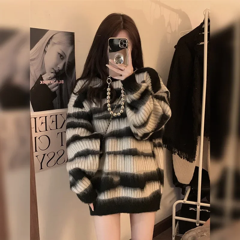 Casual Knitted Striped Pullovers Women Loose O Neck Long Sleeve Female Sweater 2024 Autumn Lady Street Oversized Jumper Sweaters