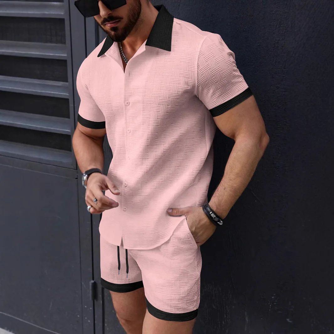 

Men 2025 New CasualSets Short Sleeve Shirts Single Breasted Blouses Drawstring Knee Length Pants Two Pieces Shirt Loose