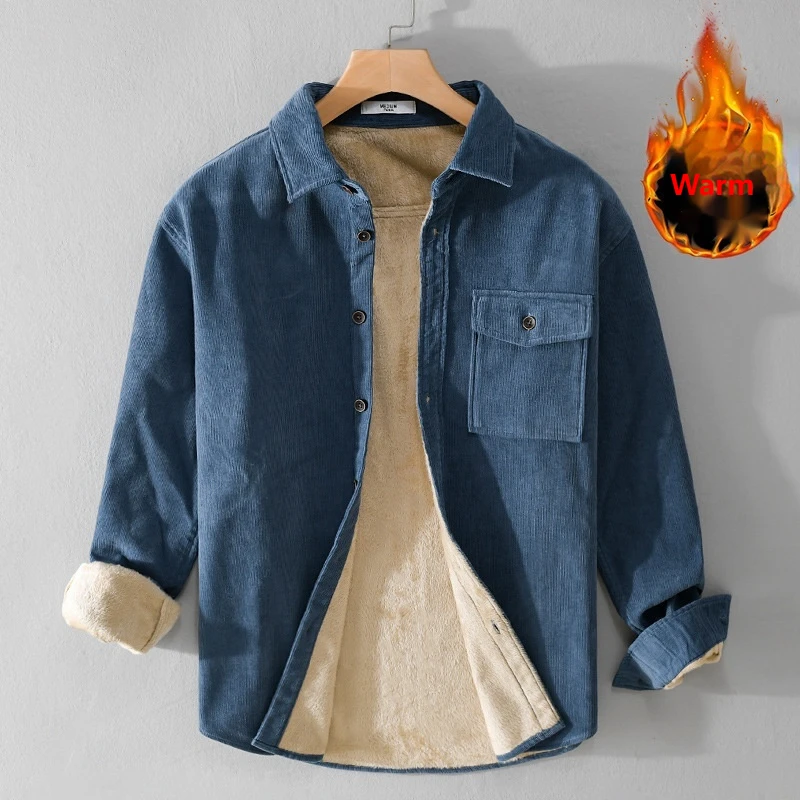 

Men's Corduroy Shirt Jacket Heavyweight Winter Long Sleeve Button Down Shirt Vintage Cargo Flannel Lined Shirt Coat