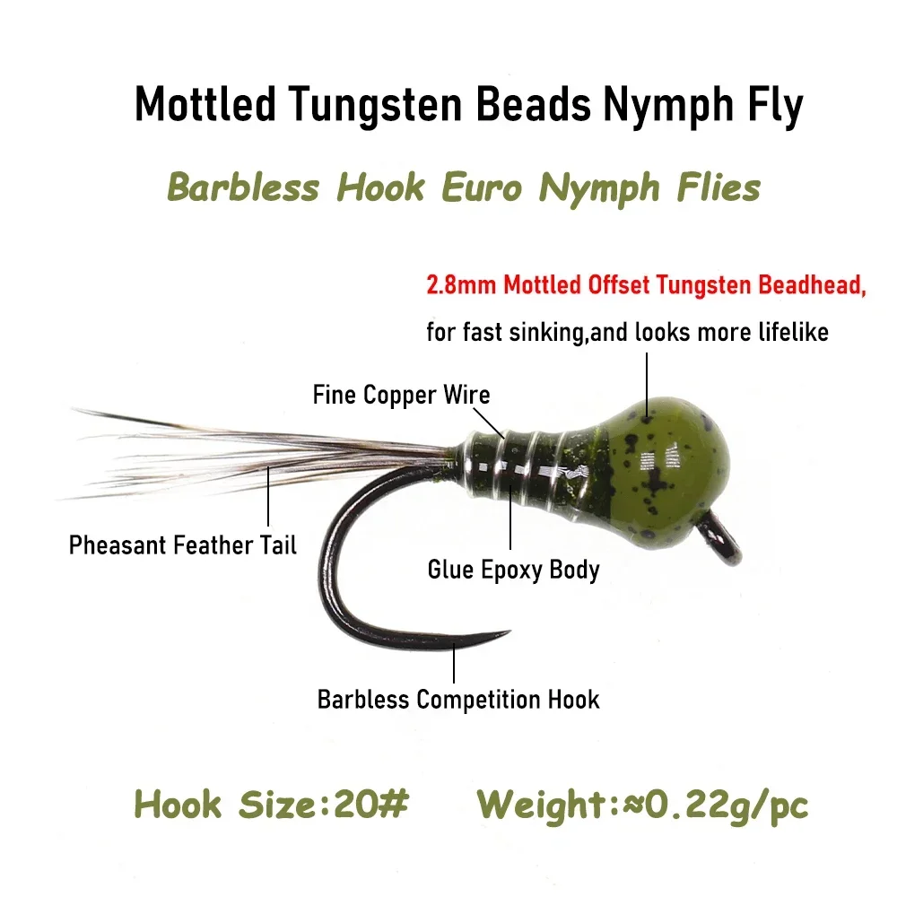 Wifreo 6pcs 20# Olive Brown Mottled Offset Tungsten Bead Nymph Fly Barbless Insect Lure Fast Sinking Trout Salmon Fishing Flies