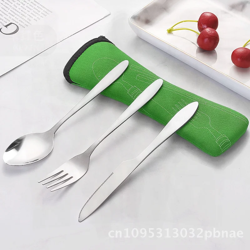 Stainless Steel 3-Piece Dining Set - Western-Style Knife Fork Spoon with Cloth Bag Portable Minimalist Tableware Gift Set