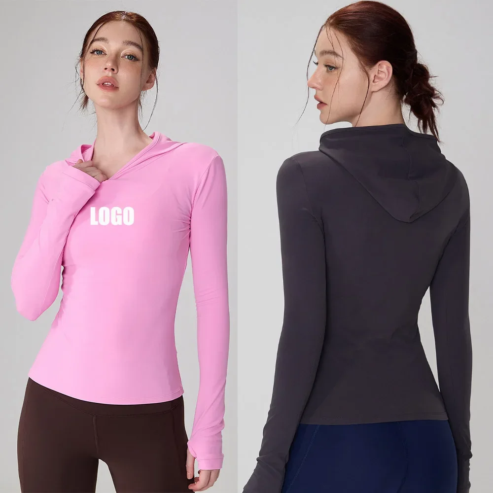 

Customized LOGO Women's New Hooded Running Sports Leisure Fitness Finger Cover Slim Riding Yoga Long Sleeve Top