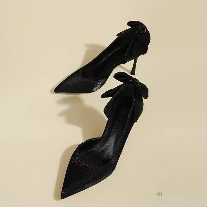 أحذية عالية الكعب واحدة صيف جديد مدبب الرأس الساتان فراشة عقدة مجموعة القدم المضادة للانزلاق أحذية كعب مقاومة للاهتراء #5