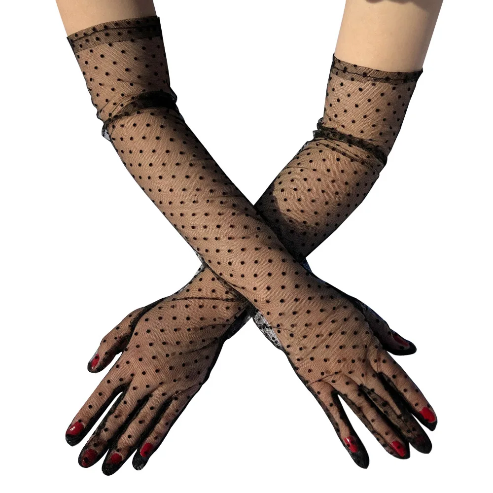 Women Sexy Black White Dot Lace Long Tulle Gloves Bride Wedding Elegant Retro Fashion Transparent Full Finger Thin Mesh Gloves