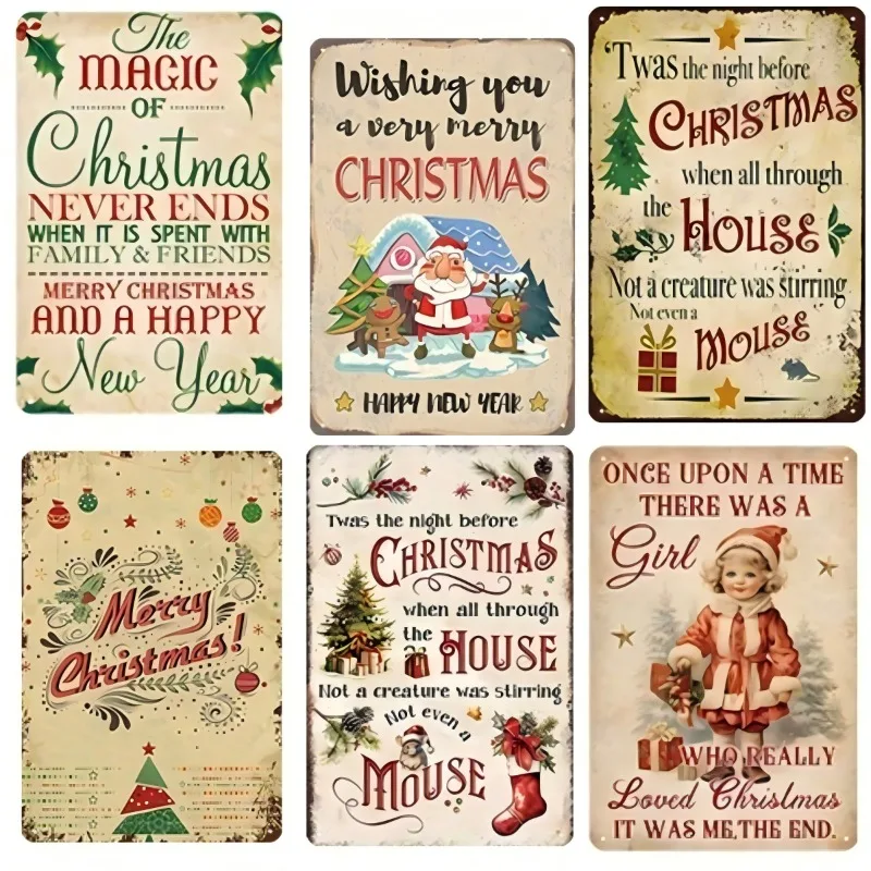 6 Stück Vintage Eisen Schilder Frohe Weihnachten Baum Poster Kuchen Weihnachtsbaum Metallplakette Bäckerei Süßigkeiten Shop Wanddekoration