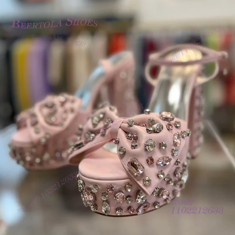 Sandalias de plataforma con diamantes de cristal rosa para niñas lindas, zapatos de fiesta de tacón grueso con hebilla de diamante dorado abierto con lazo para bebé