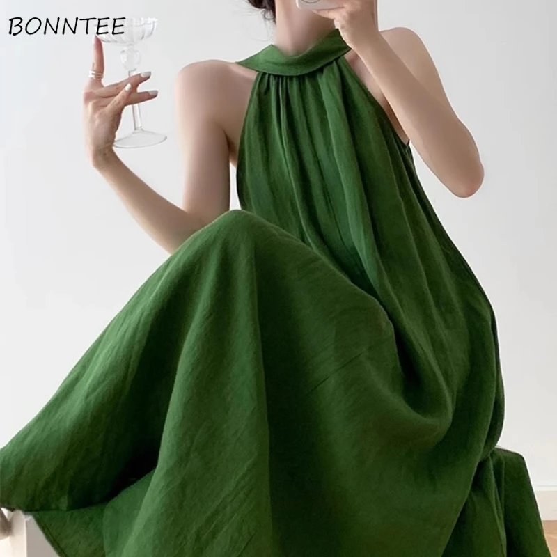 Dress Women Holiday Solid Slouchy Off Shoulder Temper Attractive Loose A-line Maxi Vestidos Tender Sleeveless Korean Style Chic