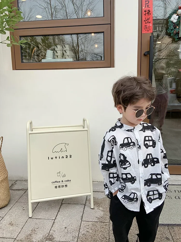 2025年春新作-韓国風-車プリントシャツ-おしゃれな子供服-コットン製-小学生向け-漫画柄シャツ