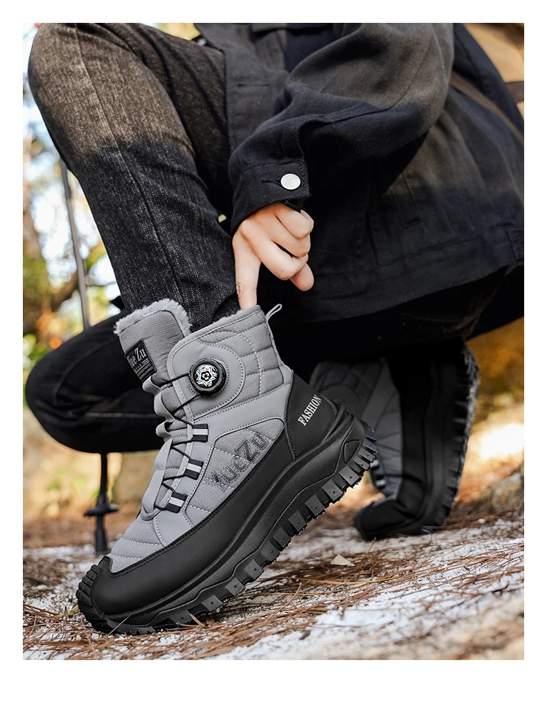 Ein Paar Herren-Wanderstiefel für Herbst und Winter, mit Fleece gefüttert, warm, stilvoll und vielseitig, hohe Schuhe in großen Größen, geeignet für Herbst- und Winteraktivitäten im Freien, Freizeit-Sportbekleidung. – Detail 11