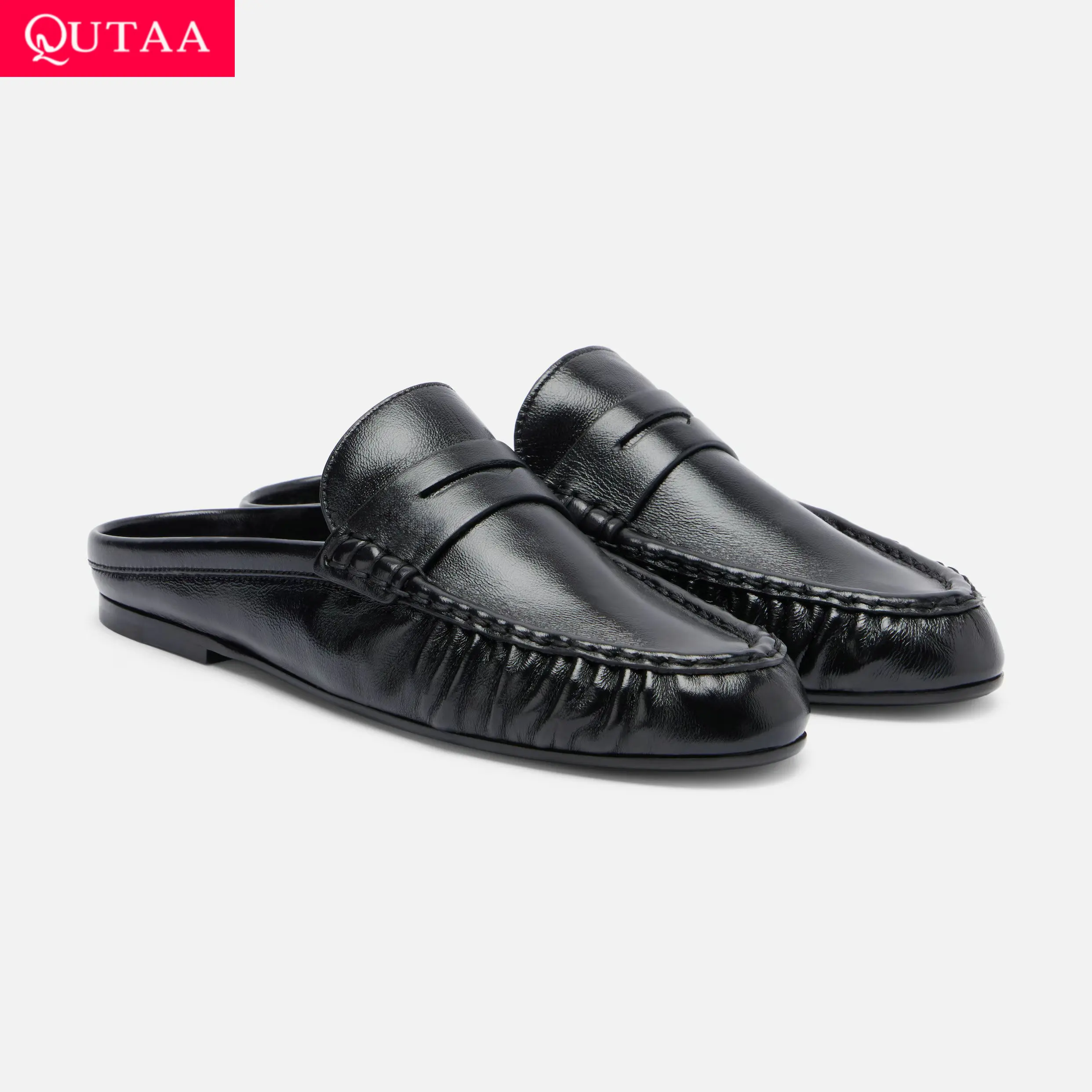 QUTAA, nueva moda, zapatos planos para mujer, mocasines, zapatos informales de cuero de vaca para verano, zapatos informales con punta redonda arrugada, tallas 34-43