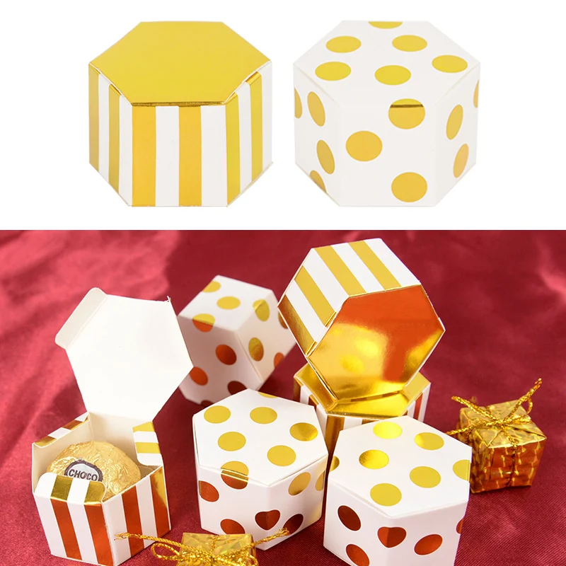 

10/20/30pcs Mini Gold Striped Dots Gift Boxes Hexagonal Bronzing Chocolate Candy Box Wedding Cookie Decoration Packaging Boxes