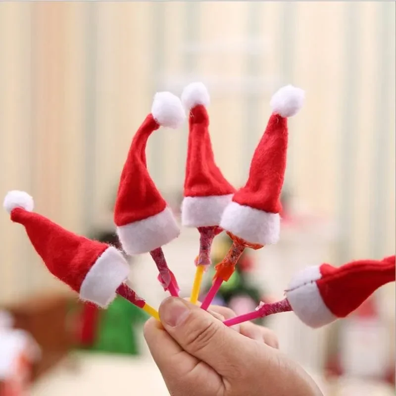 10/100PCS Mini Santa Hat Cute Wine Bottle Cover Lollipop Cap Xmas Tree Ornaments Christmas Dinner Table Decoration New Year Gift