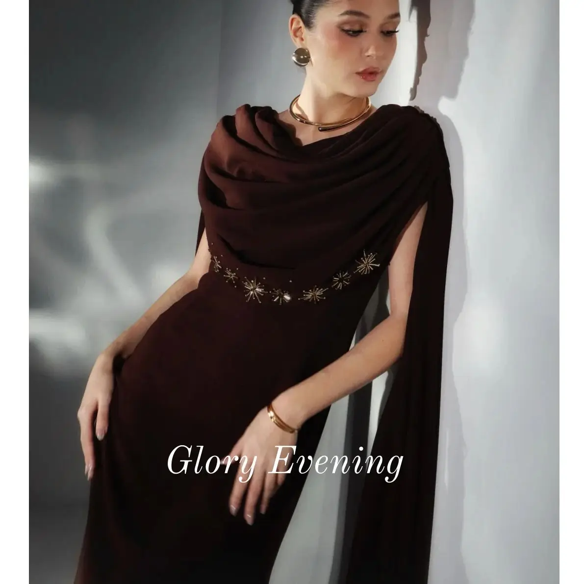 

Classic Prom Dresses New Coffee Brown Cape Evening Dress Sleeveless Beaded Formal Wedding Party Gown for Women Customized