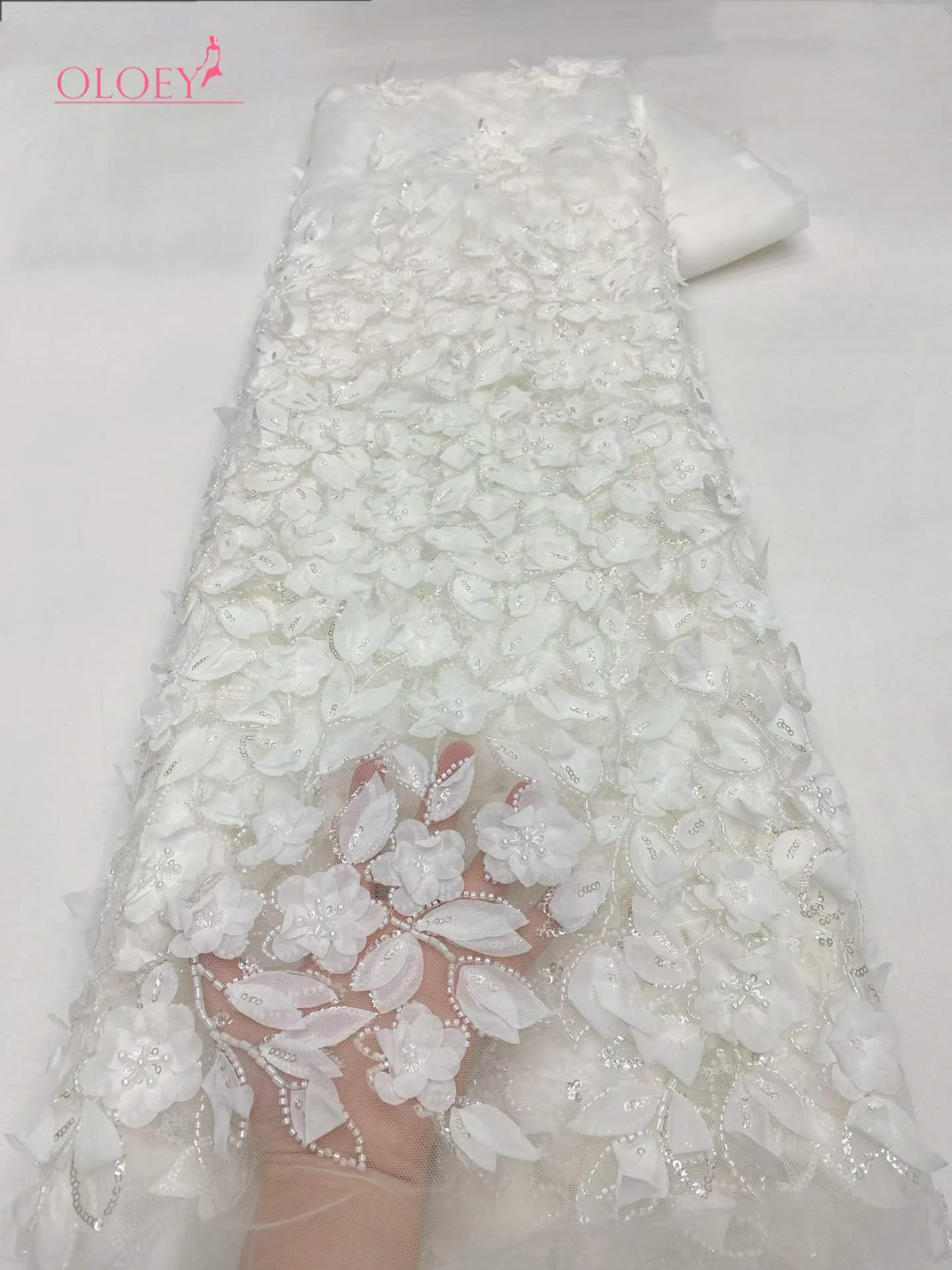 

OLOEY Elegant African Sequin Tulle Embroidered Lace Fabric 2026 French Beaded Lace Fabric Nigerian Bridal Wedding Dress Material