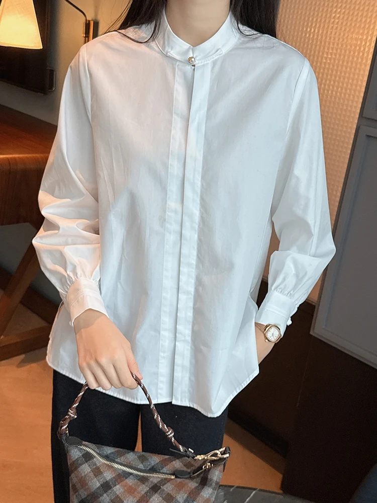 

Comfortable Long Sve irt Chinese Sle Loose Fit Button up Stand Collar Breathable Women's Faion for Commuting