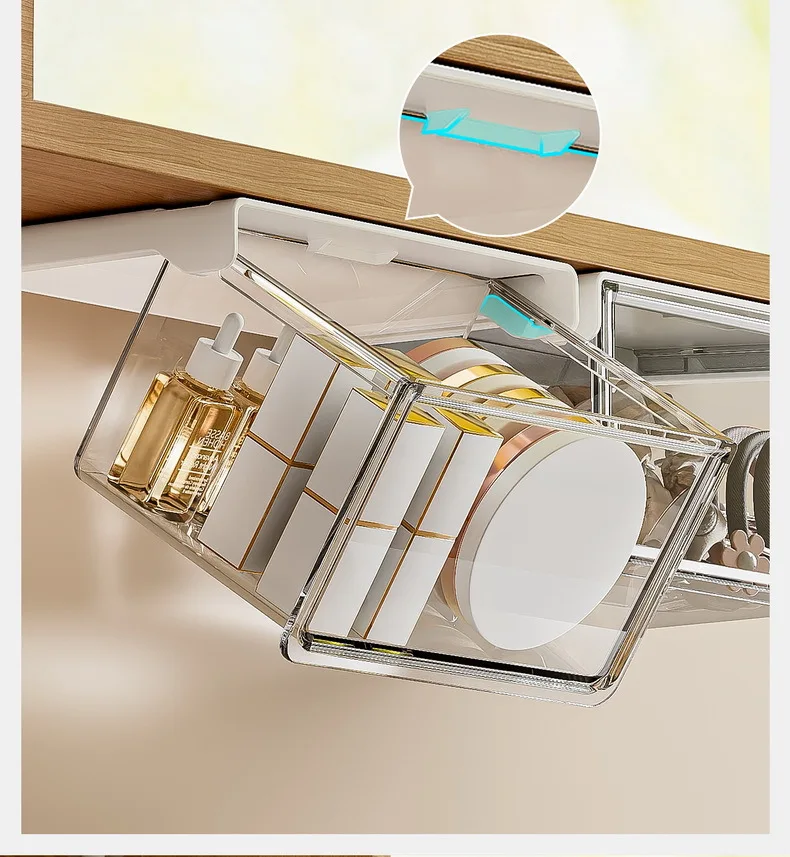 Transparenter Kunststoff-Schubladenorganizer zum Selbstkleben unter dem Regal, ausziehbare Schublade für Waschtisch, Badezimmerzubehör, Kosmetik.