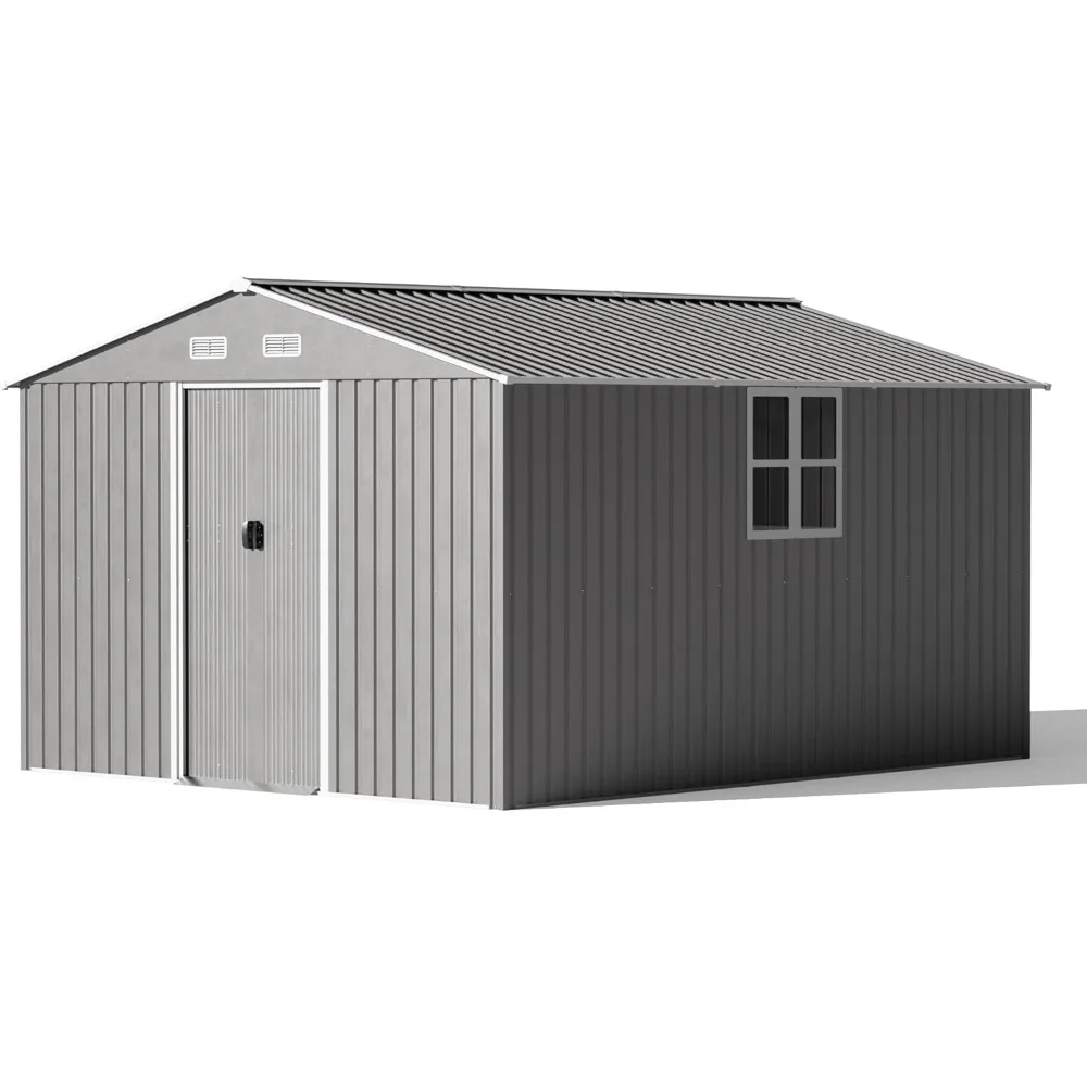 12 foot x 10 foot outdoor metal storage shed with lockable sliding doors and ventilation openings, backyard tool storage shed