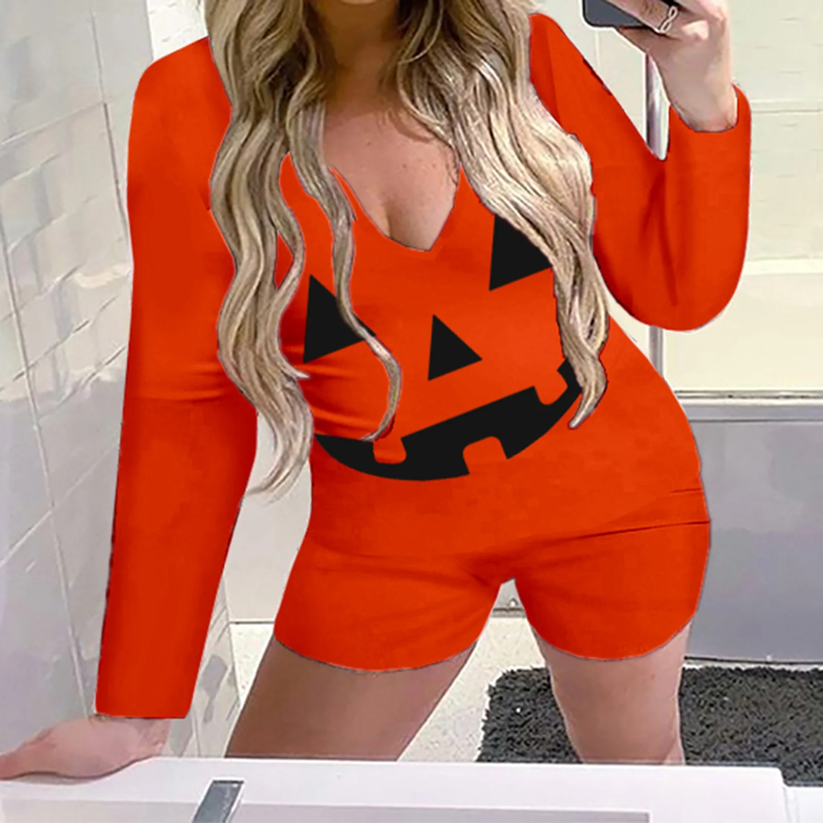 

Women Fashion Halloween Casual Jumpsuits Pajamas Long Sleeve V-neck Letter Print Bodycon Jumpsuit Shorts Sleepwear Homewear