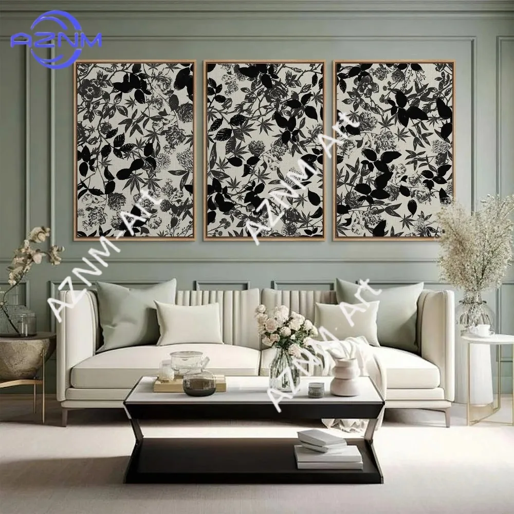 1/3PCS ， Framed Canvas Wall Art Prints Abstract Black Beige Botanical Flower Art Poster Minimalist Modern Boho Wall Art