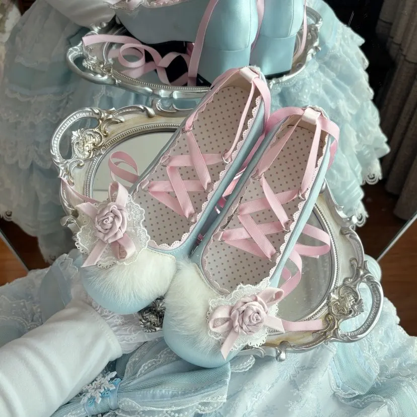 

Japanese Original Elegant Middle Heel 5cm Strap Square Head Ballet Lo Shoes Women Plush Rose Bow Lolita High Heels for Female