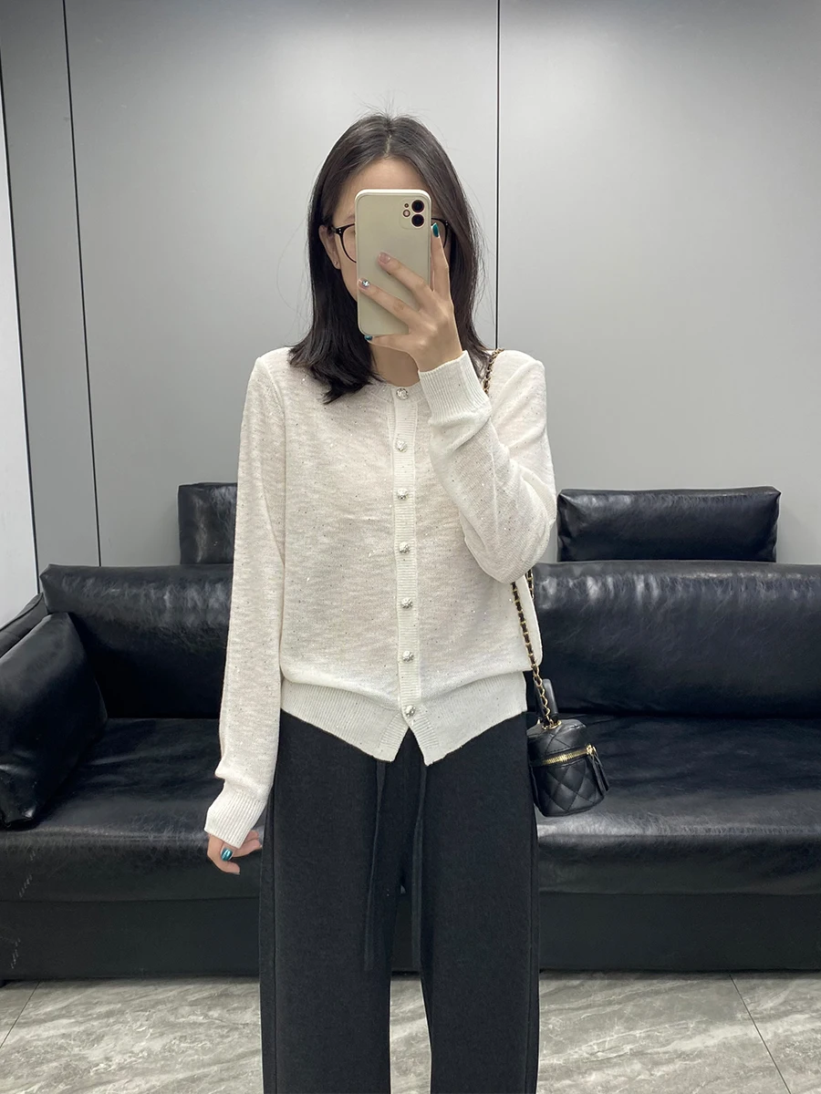 

Fashionable Minimalist Long Sleeve Knitted Cardigan Women's Loose Thin Button-Up Knitted Top round Neck Sparkling Outerwear