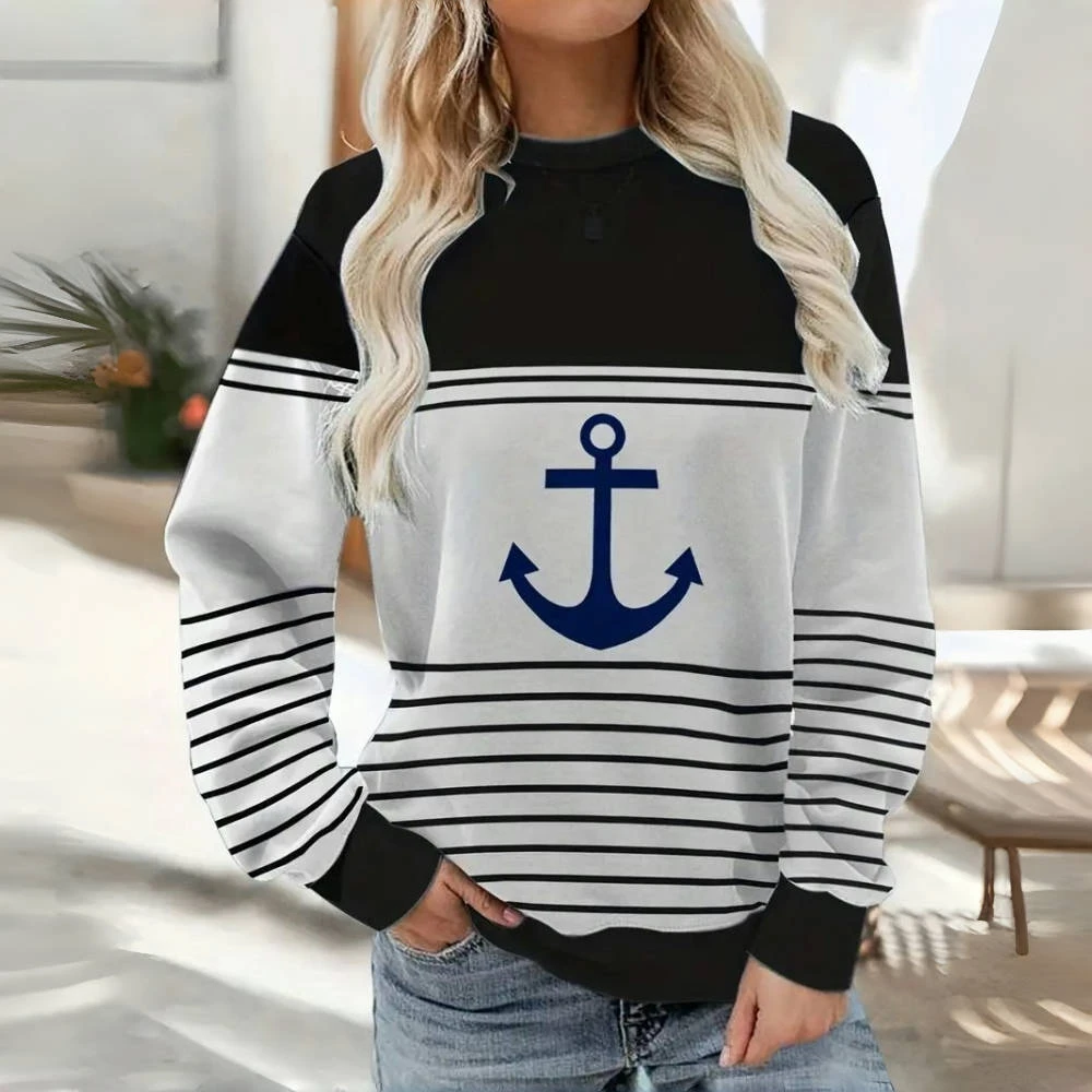 Fashion Anchor Pattern Black And White Stripe Long Sleeves T shirt Fall Cotton Women\'s Crewneck T-shirt Loose Y2K Women Clothing