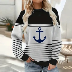 Fashion Anchor Pattern Black And White Stripe Long Sleeves T shirt Fall Cotton Women's Crewneck T-shirt Loose Y2K Women Clothing