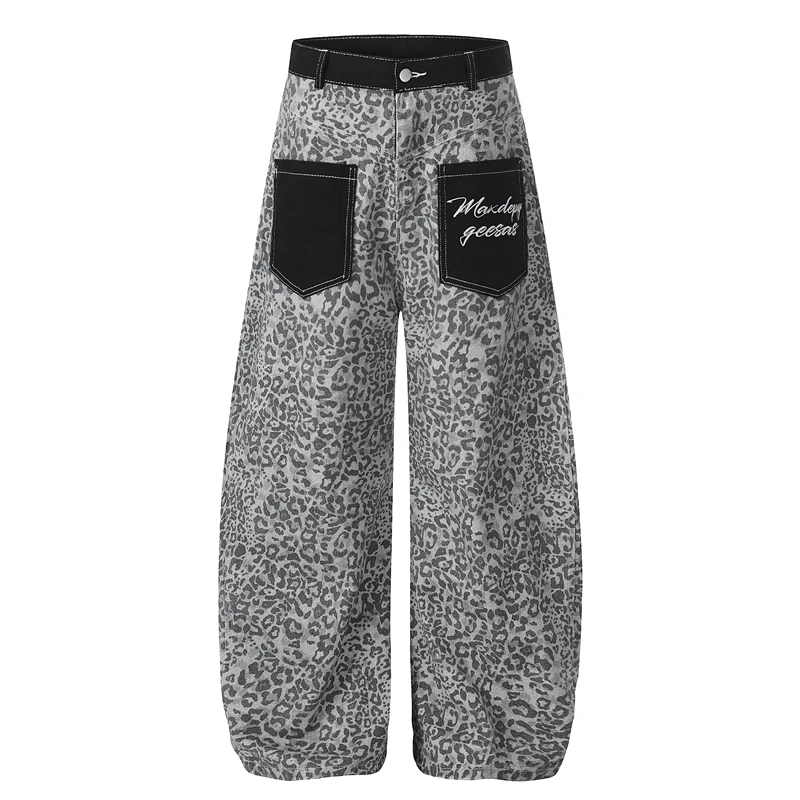 

Джинсы GXFortune в американском ретро-стиле с леопардовым принтом и накладными карманами, свободные широкие брюки для мужчин и женщин