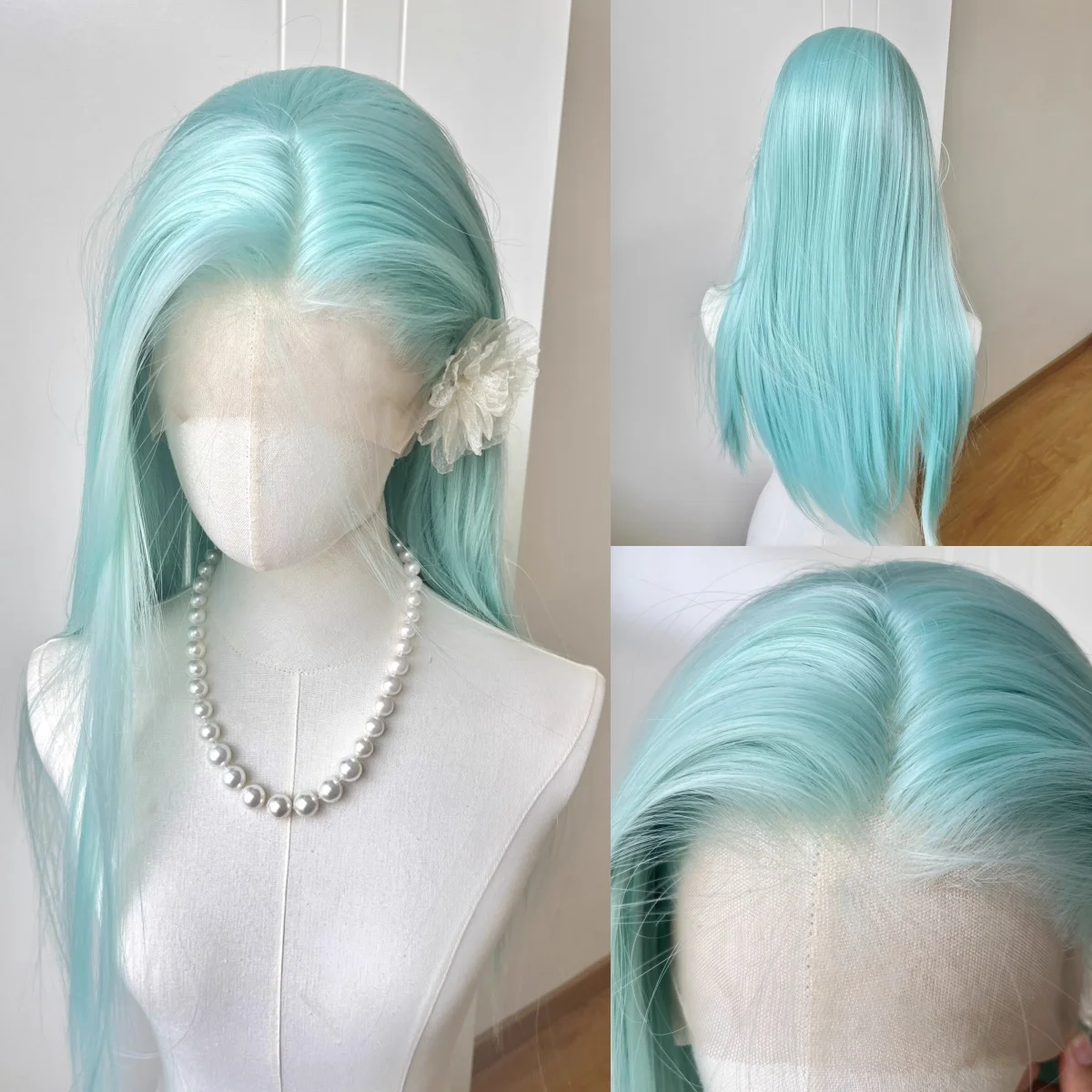 Peruka typu lace front w kolorze miętowej zieleni dla kobiet, peruka syntetyczna z wysokiej jakości włókien, długa, prosta, z przedziałkiem 13*4, idealna do cosplayu.