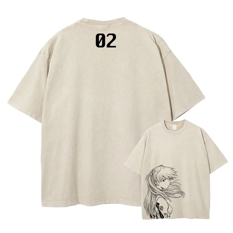 Souryuu Asuka Langley T-Shirt Ayanami Rei Vintage Washed TopsTees Anime Cartoon Harajuku DTG Print Kurzarm Oversized T-Shirt