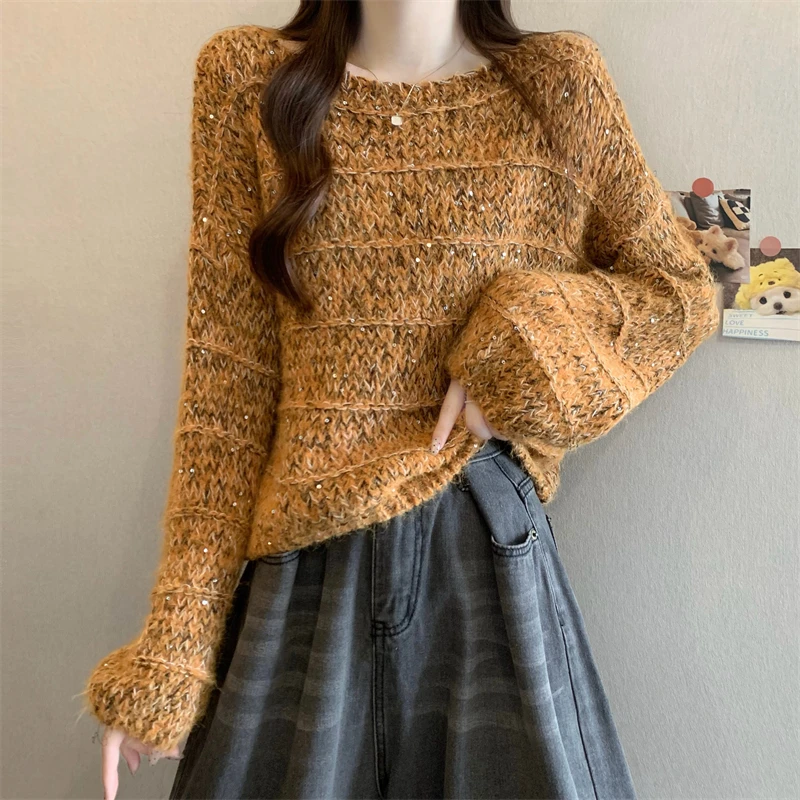 

Корейский блестящий вязаный свитер, модный осенне-зимний новый модный женский свободный крой, круглый Ne Long Sve, теплый излучающий