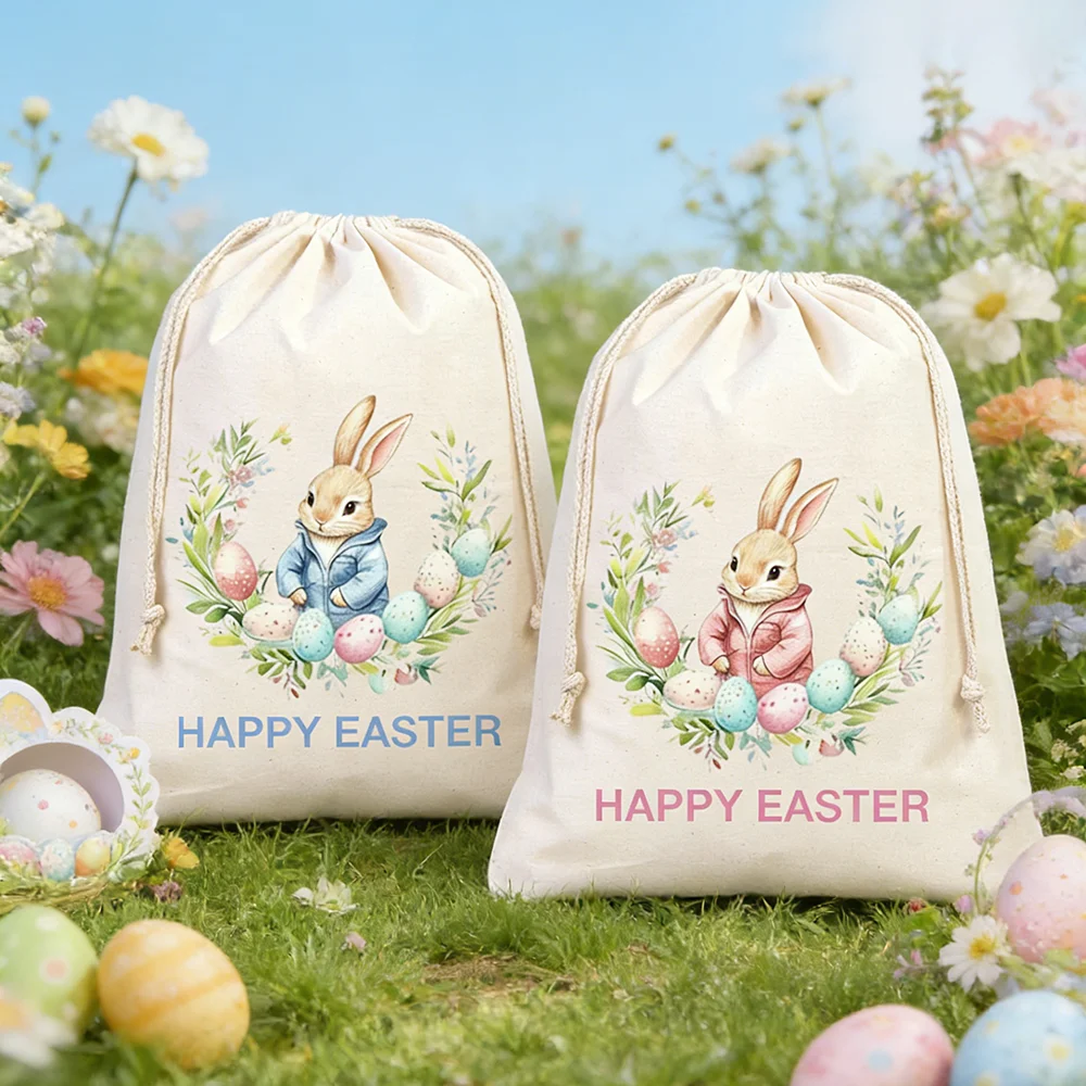 Happy Easter Large Gift Bag Cute Bunny Children's Egg Hunt Game Bag Easter Hunting Squad Accessory Boys Girls Easter Gift Spring