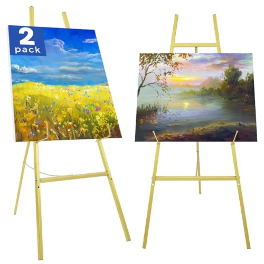 

2 Pack Gold Easel Stand for Wedding Sign Heavy Duty Metal Display Easel with Adjustable Chain 4-Tier Hght Adjustable Art Easel
