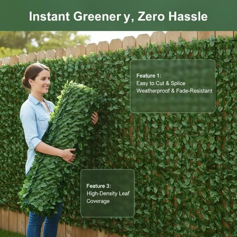 Artificial Green Fence Panels Faux Leaf Privacy Screen 1M/ No Watering for Home Garden Balcony Outdoor Decor