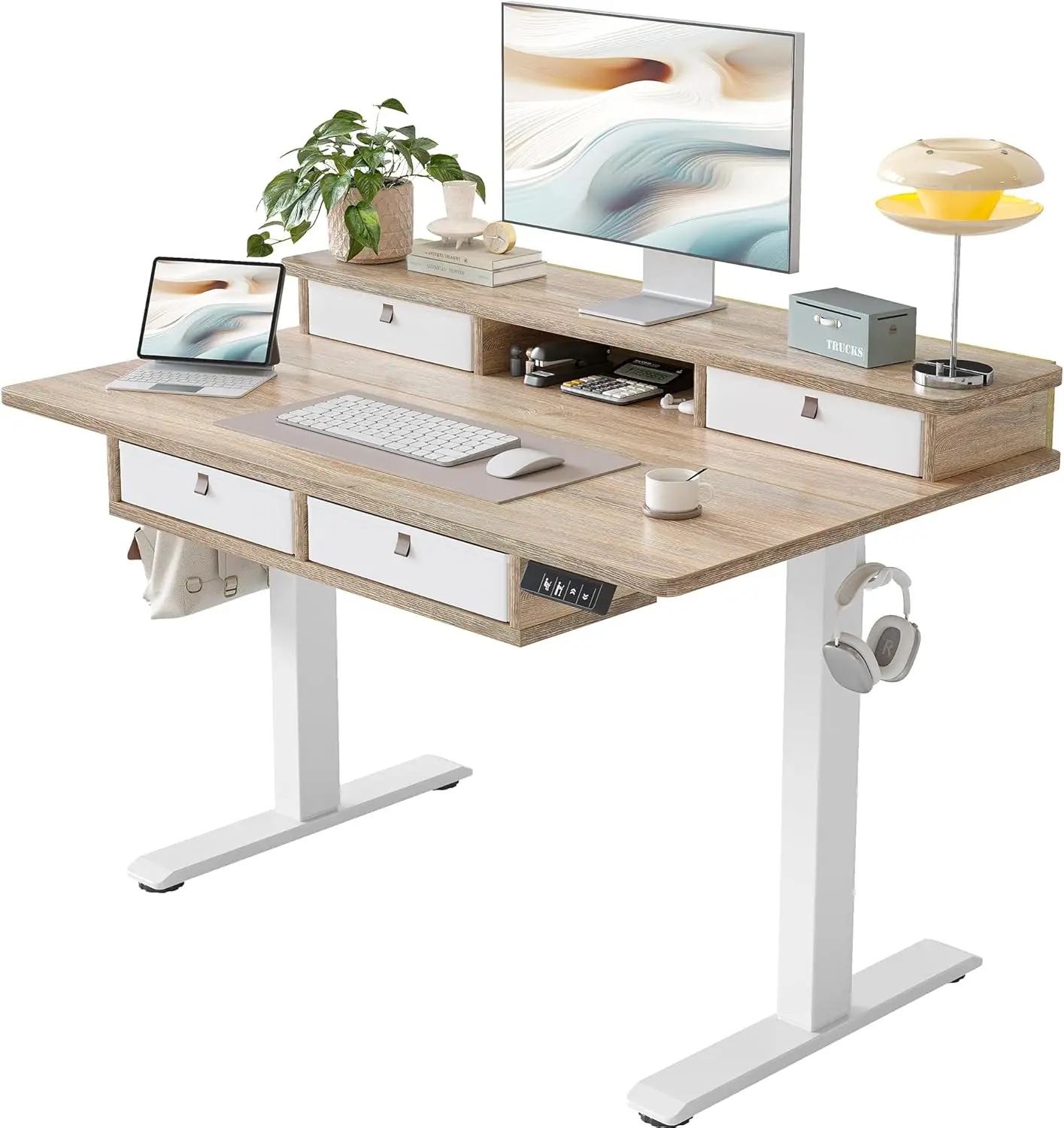

48 * 28 Inch Standing Desk with Four Drawers, Electric Sit Stand Table, Stand Up Desk Adjustable Height with Storage Shelf