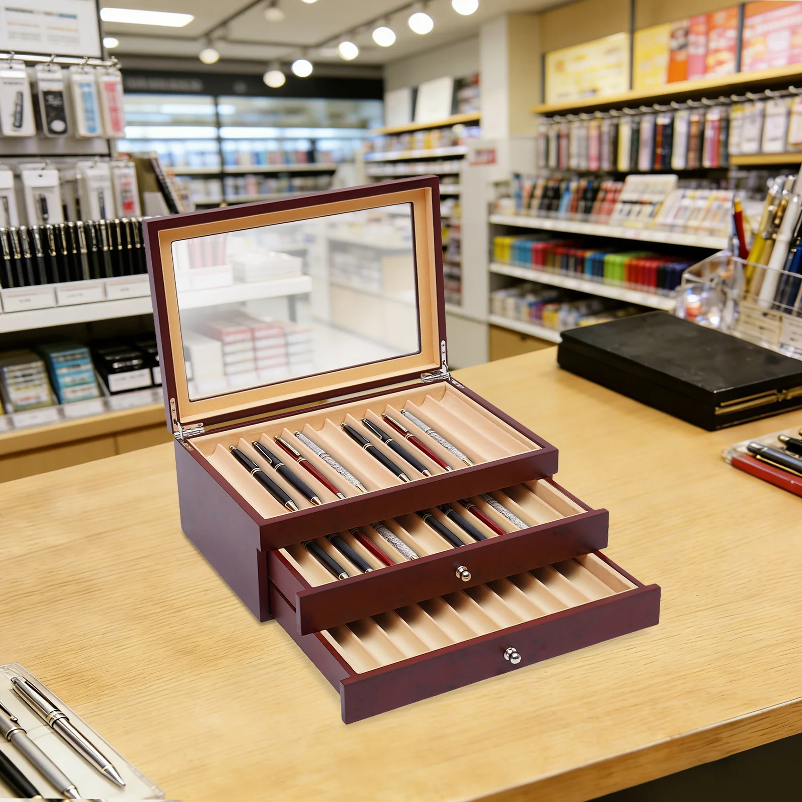 

Retro 3-Tiers Pen Display Box 34 Slot Wooden Pen Collection Box with Clear Window Pen Storage Box for Office/bedroom/study room