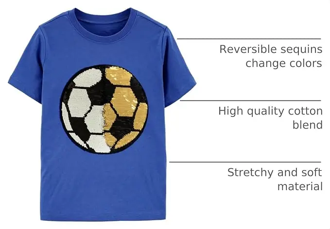 Little Hand Boys Flip Sequin T-Shirt Kids Reversible Football Pattern Short Sleeve Top Summer Casual Cotton Tee for 3-8T
