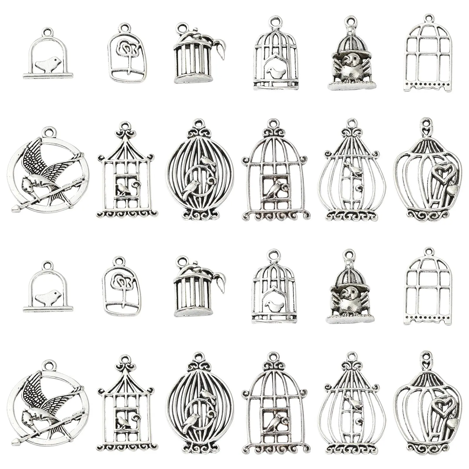 Pandahall 60Pcs Mixed Styles Tibetan Bird Cage Charms Antique Silver Spring Bird House Charms for Jewelry Making Supplies