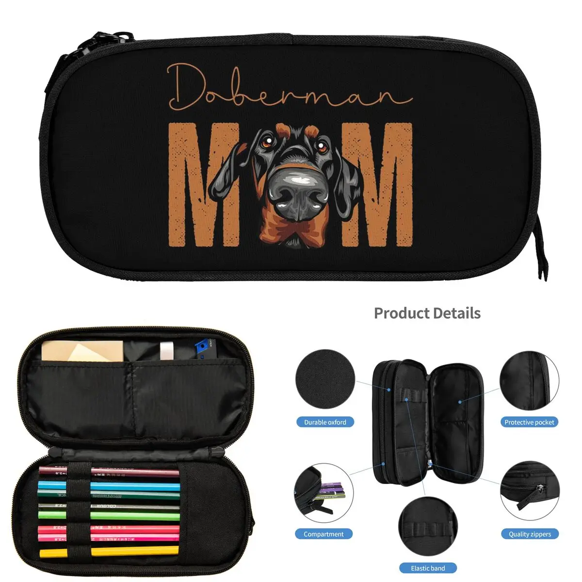 Doberman Mom Dog Astucci per matite per regali per studenti Astuccio per penne Astuccio per matite di grande capacità Portapenne