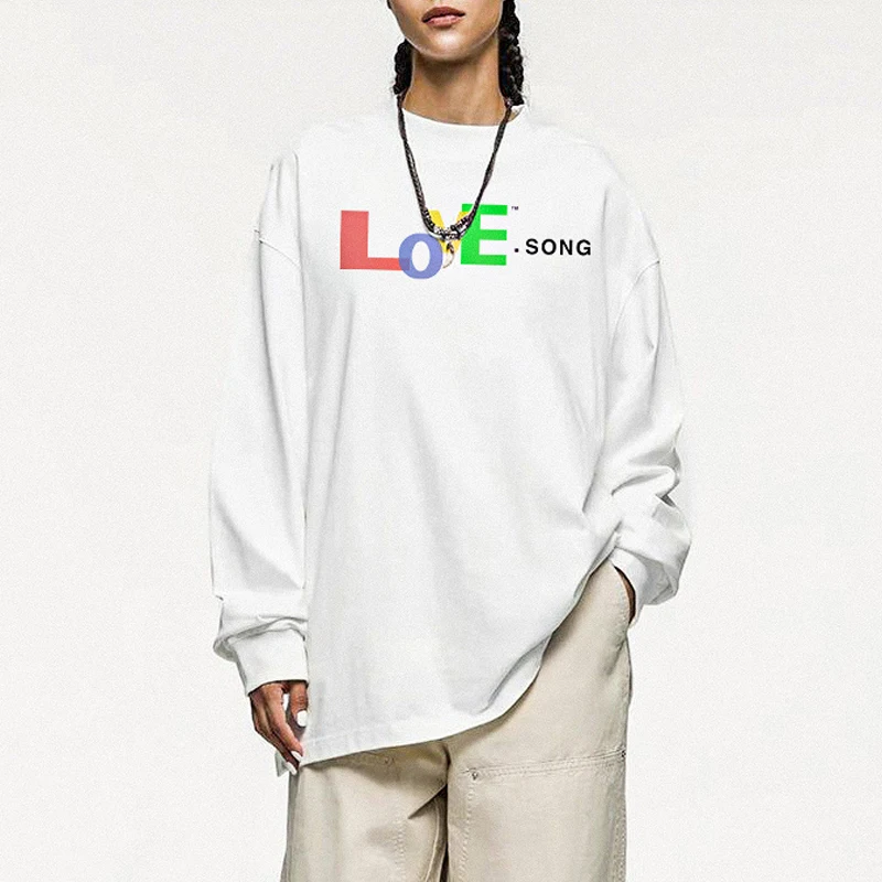 الرجال النساء زوجين الملونة رسالة شعار الحب سونغ سانت بأكمام طويلة تي شيرت أعلى جودة القطن فضفاض المحملة ربيع الخريف تي شيرت