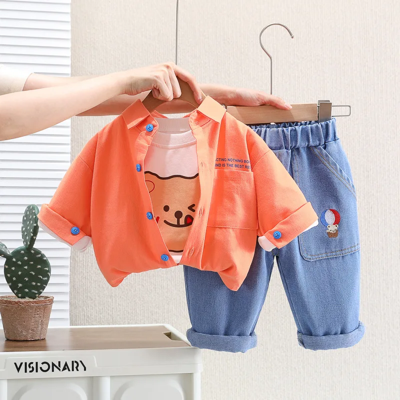 Trendy Boys Cartoon Spring Autumn Clothing New Cute Long Sleeve Shirts Coat+Cotton Top+Jeans Baby Girls 3pcs Hip Hop Dance Set