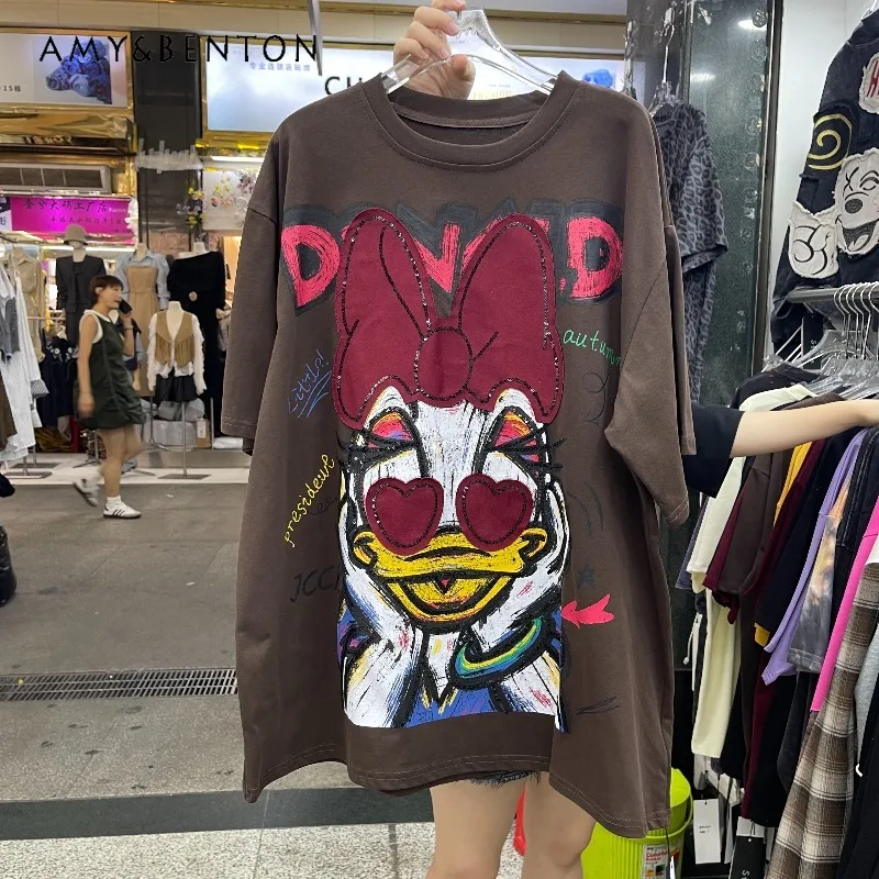 

Comfortable Sweet Y2k T-shirt Female 2025 Autumn New Heavy Industry Embroidery Letter Patch Cartoon Mid-Length Loose Top Tshirts