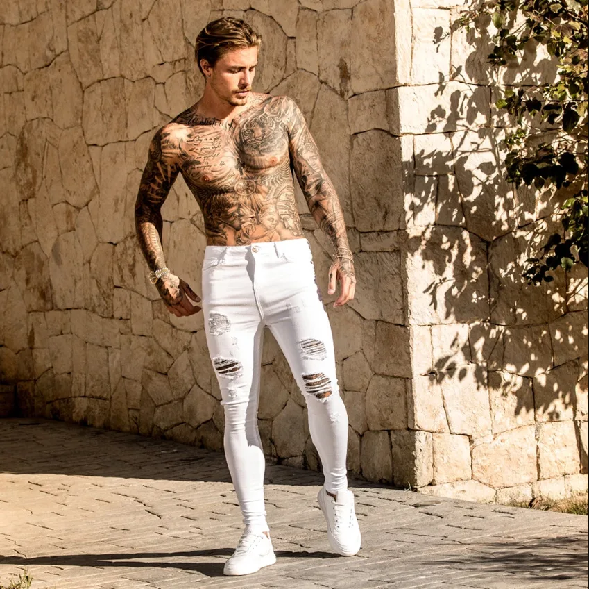 Nouveaux pantalons pour hommes 2021 automne blanc déchiré style européen noir taille haute denim pantalon vêtements pour hommes taille européenne