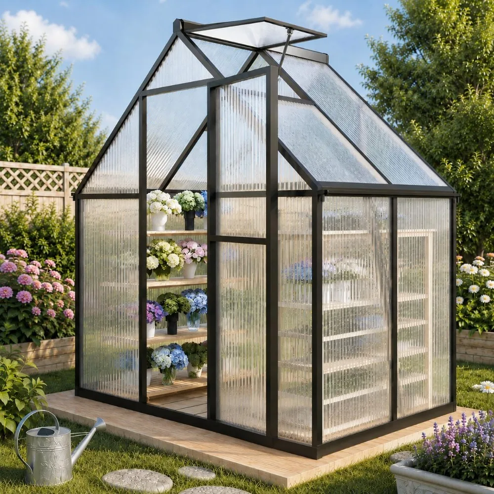 6x4FT Outdoor Greenhouse with Roof Vent, Charcoal Black