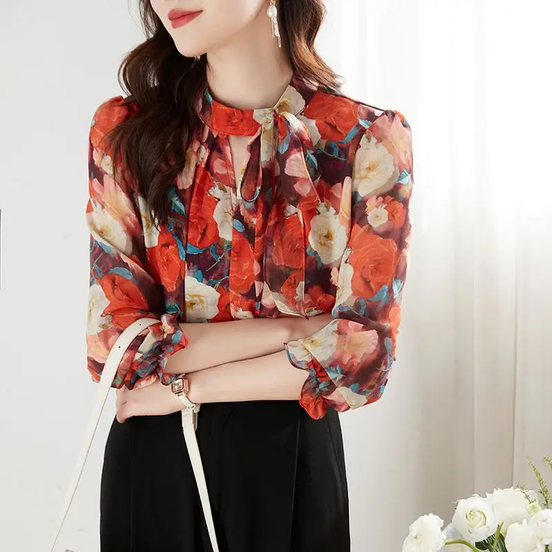 Vintage Printed Lace Up Bow Floral Chiffon Blouse Women\'s Clothing 2023 Autumn New Oversized Casual Tops Office Lady Shirt