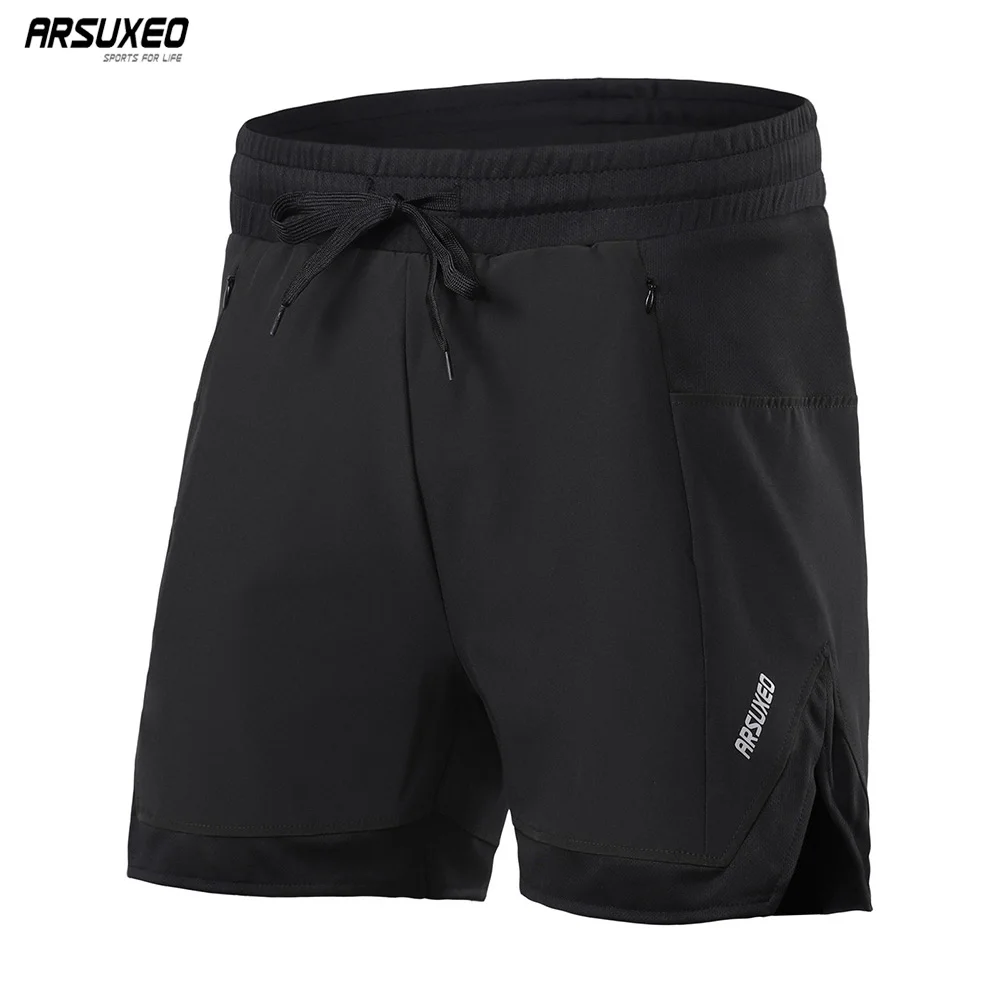 ARSUXEO Men\'s Running Shorts With Liner Exercise Workout Training 2 in 1 Zipper Pockets Jogging Fitness Trunks Dry Fit B211