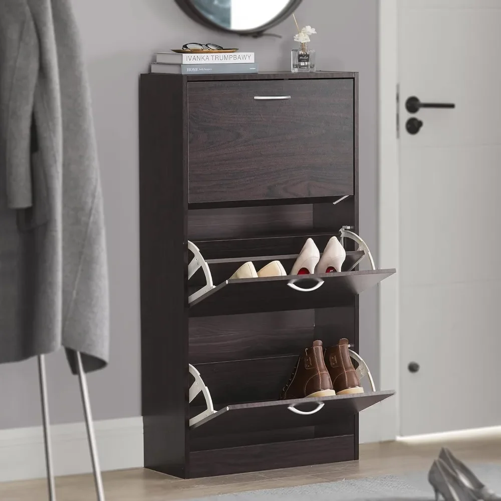 

Brown Shoe Cabinet with 3 Flip Drawers, Freestanding Shoe Rack, Shoe Storage Cupboard Organizer