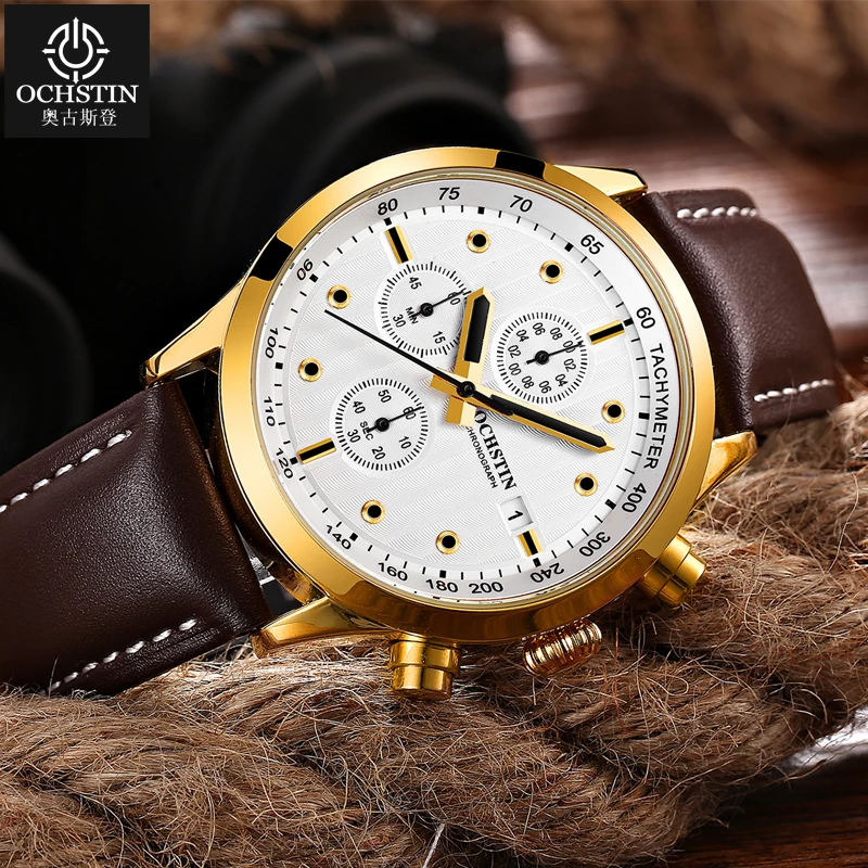OCHSTIN New Sale Pilot Series Quartz Movement Watches Man Leather Strap Wristwatch Waterproof Calendar Fashion Luxury Clock